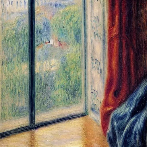 Image similar to on a rainy day, someone in home sits in bed, curled up under the covers, watching the rain outside the window, cinematic, artstation, extremely detailed, intricate, cinematic lighting, art by pierre - auguste renoir, gustave caillebotte