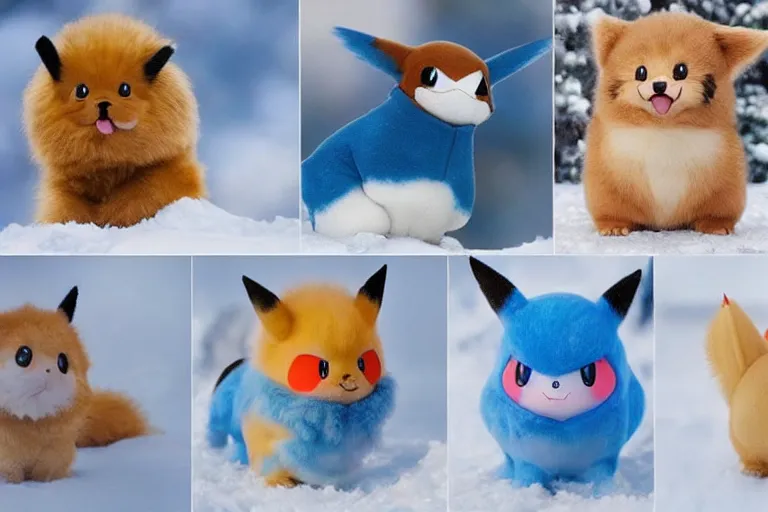 Image similar to real life pokemons, cute!!!, content!!!, mischievous!!!, adorable!!!, chubby!!!, fluffy!!!, ultra realistic!!!, winter, blanket of snow, 4 0 0 0 kelvin, golden hour, sharp focus