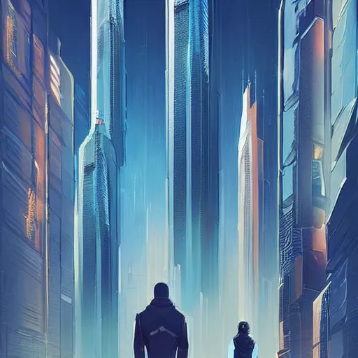 Prompt: a couple of people standing in front of a tall building, cyberpunk art by christopher balaskas, trending on artstation, space art, dystopian art, sci - fi, futuristic
