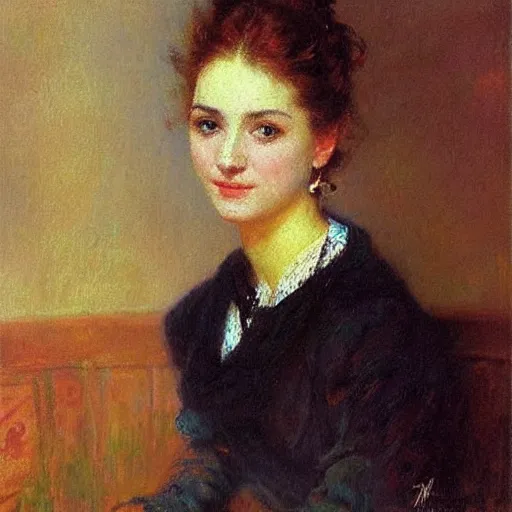 Image similar to portrait of a young woman, impressionism, realism, landscape, portrait, romanticism, painting by nikolay makovsky