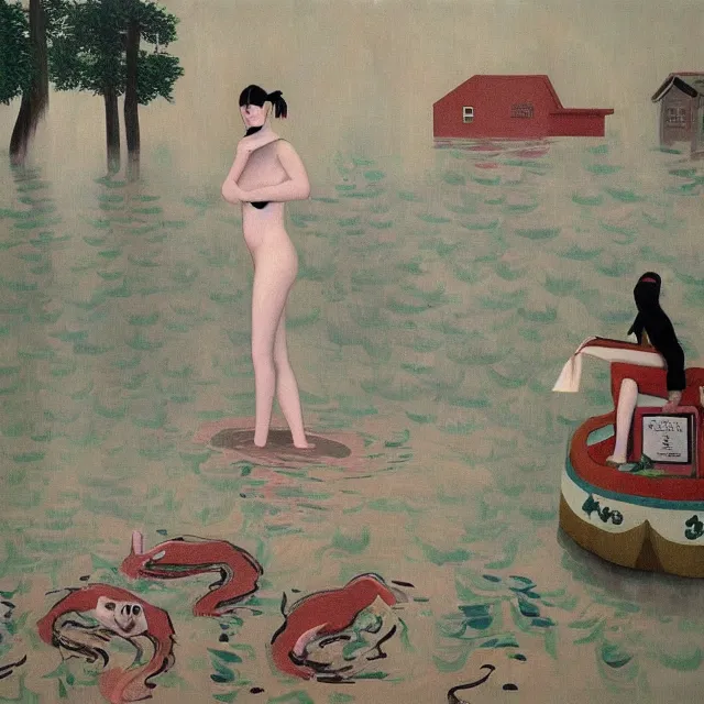 Image similar to tall female emo vegan socialist artist in their flooded apartment, painting of flood waters inside an artist's home, a river flooding indoors, pomegranates, pigs, ikebana, zen, water, octopus, river, rapids, waterfall, black swans, canoe, berries, acrylic on canvas, surrealist, by magritte and monet