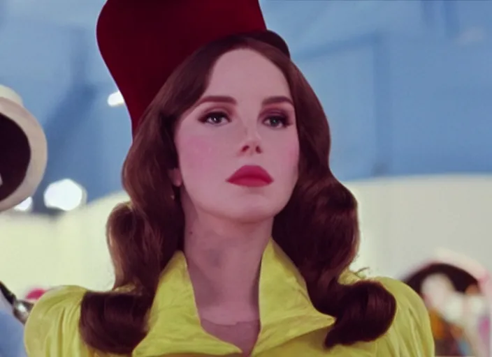 Prompt: a film still closeup of lana del rey in willy wonka and the chocolate factory