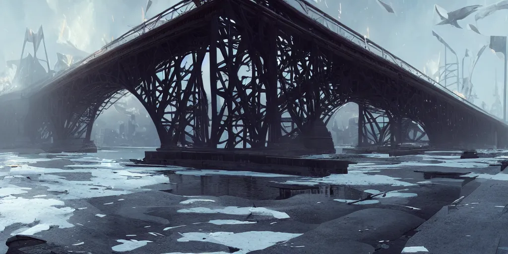 Image similar to huge white cotton everywhere on the destroyed harbour bridge, smooth, sharp focus, highly detailed, 3 d octane render, epic lighting, lots of white cotton, 8 k, by greg rutkowski