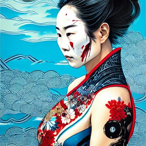 Prompt: a portrait of a chinese woman with side profile blood in ocean intricate details by MARVEL comics and Sandra Chevrier-C