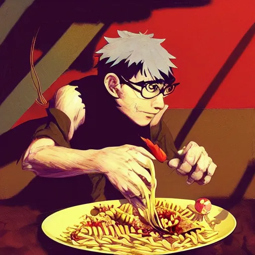 Prompt: shigenori soejima, jamie hewlett, frank frazetta, a chicken eating pasta off a ceramic plate in the middle of the desert, digital painting masterpiece, advanced lighting technology