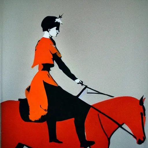 Image similar to tangerine calm by laszlo moholy - nagy, by banksy. a photograph of a heroine riding on a magnificent red horse. traditional russian folk costume & headscarf. pale & beautiful, resolve in her eyes. horse's hooves churn up earth as they gallop, dark forest looms.