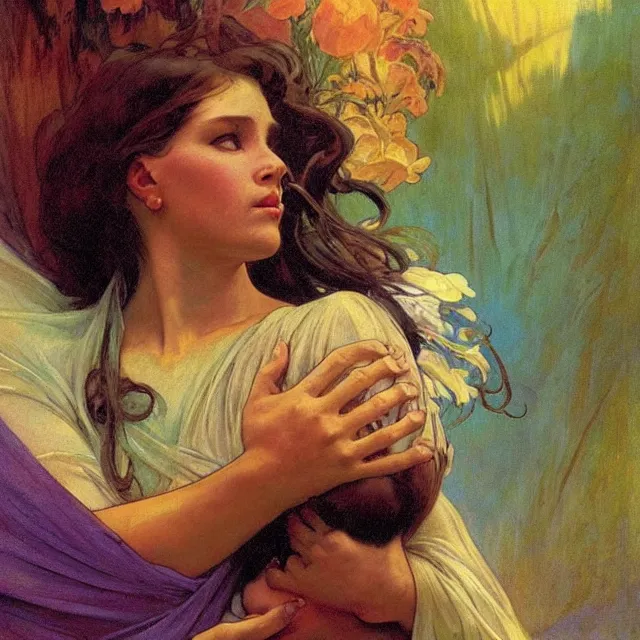 Image similar to an aesthetic portrait of a woman crying mournfully while cradling a swaddled child, by frank frazetta and alphonse mucha, oil on canvas, bright colors, art nouveau, epic composition, dungeons and dragons fantasy art, hd, god - rays, ray - tracing, crisp contour - lines, huhd - 8 k