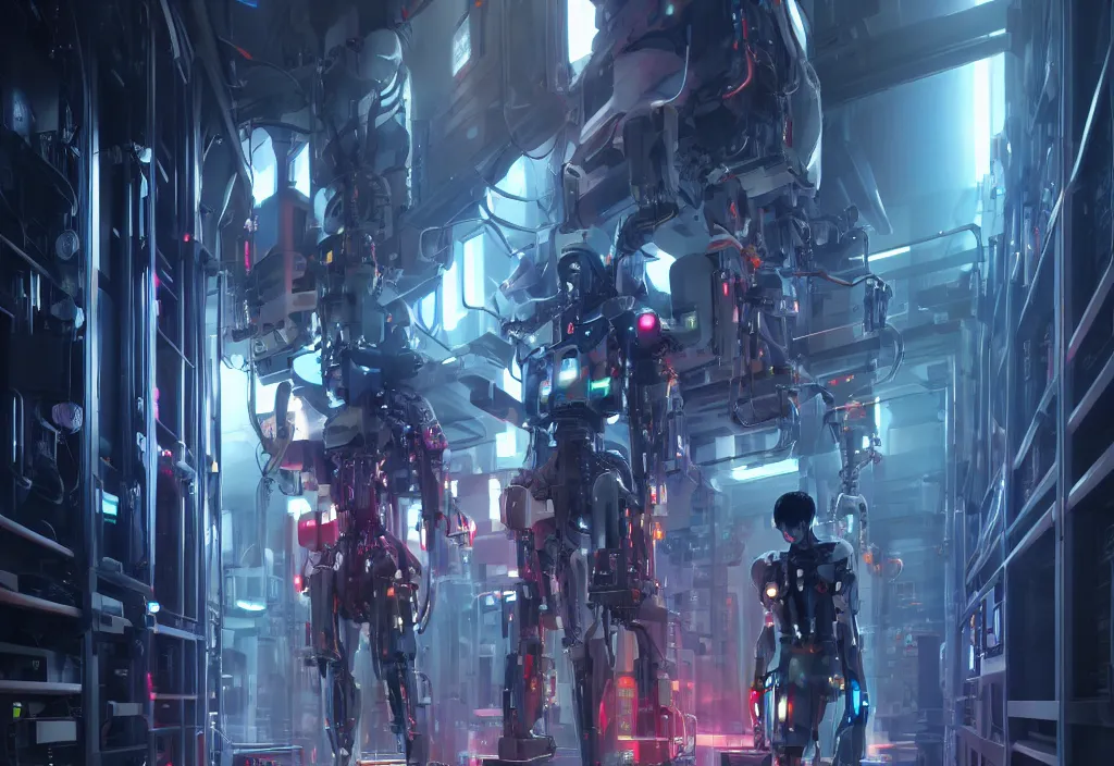 Image similar to shot of film, human like a mech, full body, in detailed server room, in data center, character design, symmetrical, vivid color, complementary color, detailed, sharp lines, trending on artstation, volumetric lighting, dramatic lighting by yoichi hatakenaka, cyberpunk art by asher brown durand