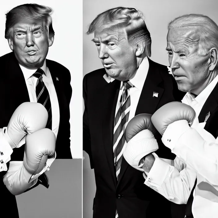 Prompt: trump and biden boxing matcha, b & w detailed sharp photo