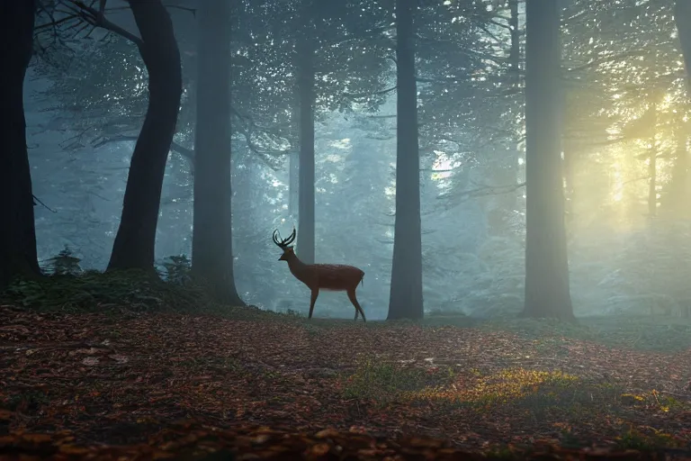 Image similar to a close up of the head of a deer with glowing eyes in the foreground, background of a landscape misty forest scene, the sun glistening through the trees, hyper realistic photograph, octane render 8k, trending on artstation, unreal engine