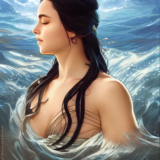 Image similar to Portrait of katara waterbending in the ocean, fantasy, intricate, elegant, highly detailed, digital painting, artstation, concept art, smooth, sharp focus, illustration, art by artgerm and greg rutkowski and alphonse mucha