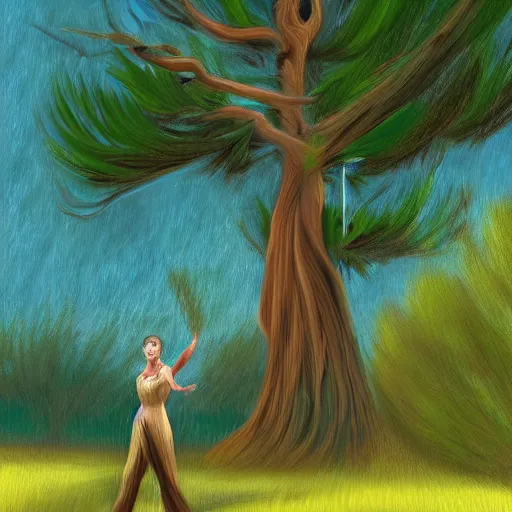 Image similar to illustration of a woman dancing near an old strong tall green persian cypress tree in wind, digital painting, artist farshchian