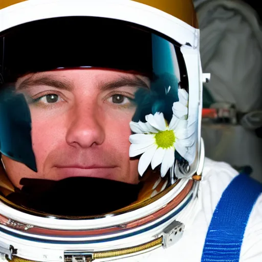 Prompt: a close up photo of an astronaut floating in space. his helmet visor is dark and reflective. you can see the reflection of flowers in his helmet visor.