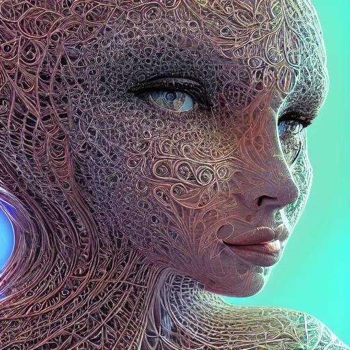 Image similar to beatifull frontal face portrait of a woman, 150mm, chromatic aberration, mandelbrot fractal, symmetric, intricate, elegant, highly detailed, ornate, ornament, sculpture, elegant , luxury, beautifully lit, ray trace, octane render in the style of peter Gric and alex grey