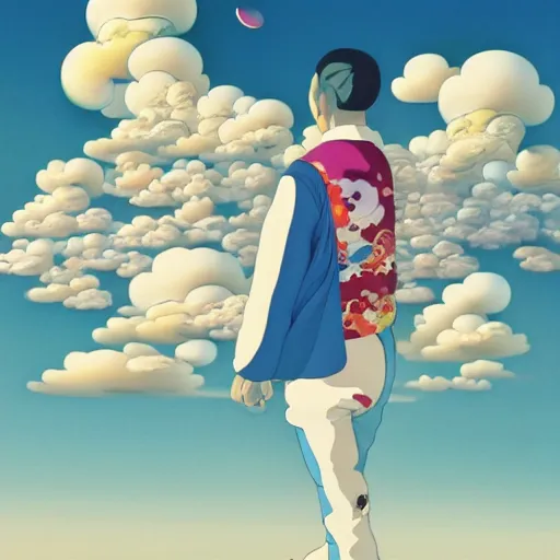 Image similar to a man walking on clouds away from the camera above kyoto by takashi murakami, beeple and james jean, aya takano color style, 4 k, super detailed, modern, 4 k, symmetrical