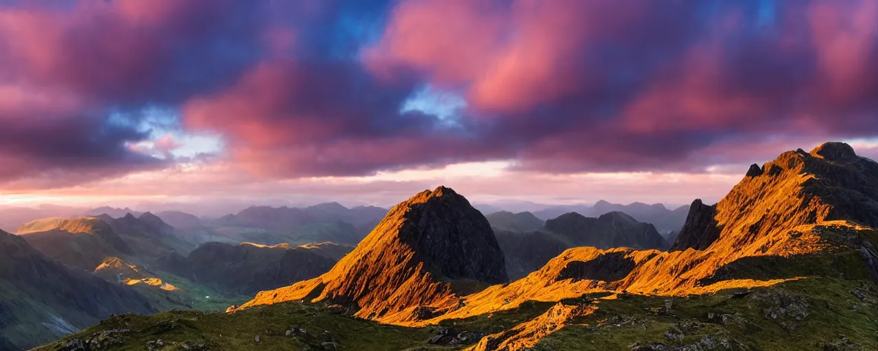 Image similar to Crib Goch!!!!!!!!!!! ridge, rays, epic, cinematic, photograph, atmospheric, dawn, golden hour, sunrise, purple golden blue sky clouds