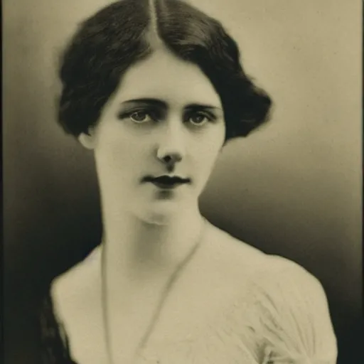 Image similar to edwardian photograph of a beautiful woman, elegant, symmetrical, staring at the camera, very grainy, 1900s, realistic, 1910s, close-up portrait, innocent smile, slightly blurry