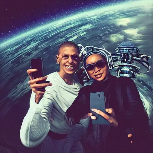 Image similar to “ our humanoid descendants in the year 2 2 0 0 taking a selfie on their sci - fi planet, award - winning details ”