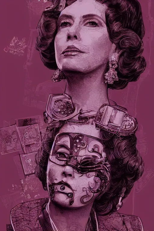 Prompt: heroine, beautiful,vintage ink style, cyberpunk queen elizabeth,ultra detailed, digital art, 8k ,character ,realistic, portrait, hyperrealistic