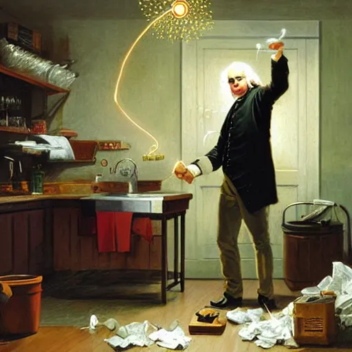 Image similar to benjamin franklin angrily throwing a string of led lights in the trash in a modern kitchen by rockwell