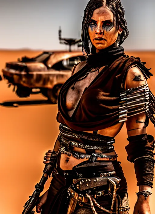 Image similar to mad max style warrior woman in desert _ unreal _ 5 _ daz. _ rpg _ portrait _ extremely _ detailed _ hyper real photo, shot with canon eos r 6