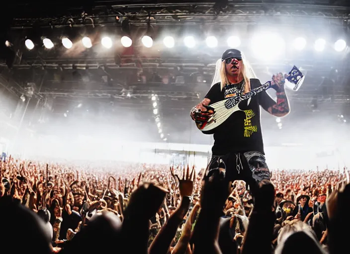 Prompt: photo still of brett michaels on stage at vans warped tour!!!!!!!! at age 4 8 years old 4 8 years of age!!!!!!!! shredding on guitar, 8 k, 8 5 mm f 1. 8, studio lighting, rim light, right side key light