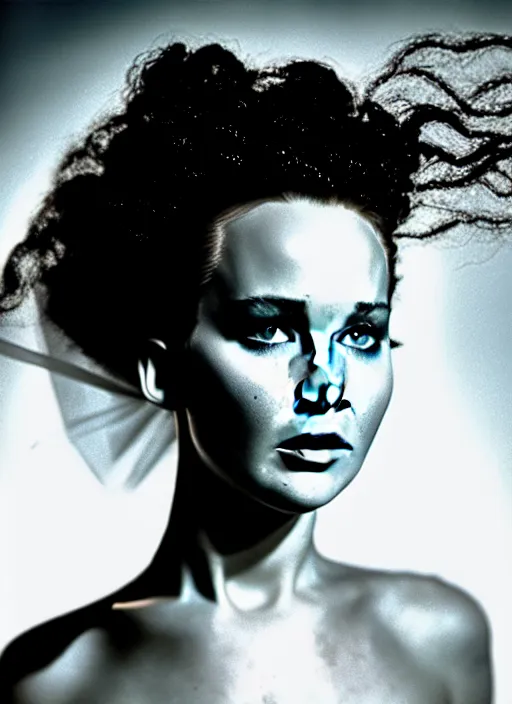 Prompt: award winning fashion photography portrait of jennifer lawrence as the bride of frankenstein, very pretty eyes, face in focus, soft lighting, volumetric shadows, 8 k photography, 1 9 9 0's
