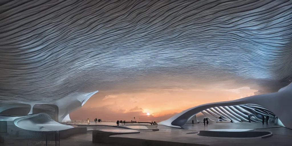 Image similar to extremely detailed awe stunning beautiful futuristic smooth curvilinear museum interior\, translucent gills, zaha hadid, stunning volumetric light, stainless steel, concrete, translucent material, beautiful sunset, hyper real, 8k, colorful, 3D cinematic volumetric light, atmospheric light