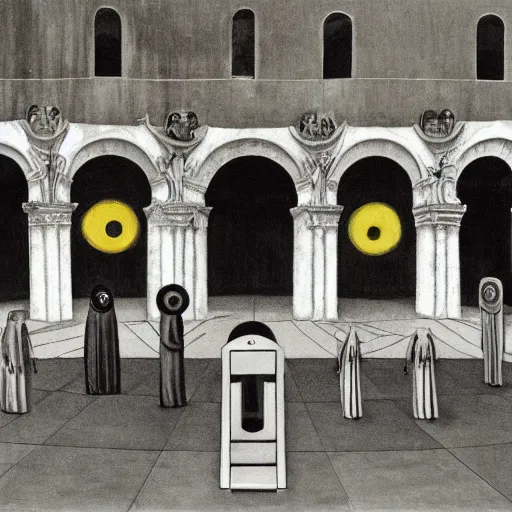 Image similar to weeping robot surrounded by cloaked disciples in masks, brutalist courtyard, colosseum interior, by PJ Crook and Edward Hopper