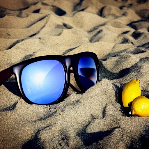 Prompt: a lemon wearing sunglasses, at the beach