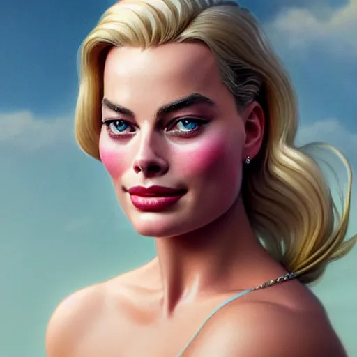 Image similar to a beautiful portrait of margot robbie as cute barbie ; crisp sharp focus ; ultra realistic, concept art, intricate details, stunning model, highly detailed, photorealistic, octane render, 8 k, unreal engine. art by artgerm and greg rutkowski and charlie bowater and magali villeneuve and alphonse mucha