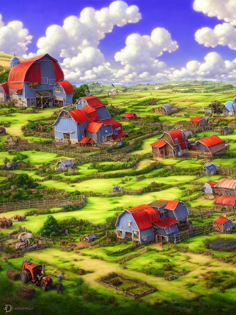 Prompt: wide view of a farm ,nice clouds, godray, fantasy, intricate, richly detailed colored 3D illustration of a beautiful ornated happy farm with background with completely rendered reflections, art by Range Murata and Artgerm highly detailed, digital painting, trending on artstation, sharp focus, D&D, illustration, style of Stanley Artgerm, perfect smile vogue, awards, model,