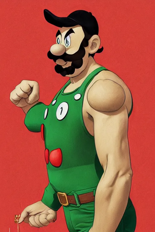 Prompt: gigachad luigi wearing a green shirt and overalls by ilya kuvshinov, bodybuilder ernest khalimov, super mario bros symmetrical face concept art, hyper realistic, intricate, elegent, highly detailed, digital painting, concept art, smooth, sharp, focus, illustration, art by artgerm and greg rutkowski and alphonse mucha, artstation