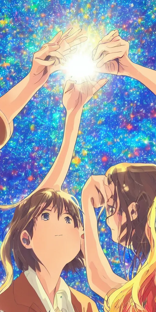 Prompt: a man and a woman holding hands under a beautiful sun drawn like the anime Your Name anime, intricate, psychedelic, tarot card