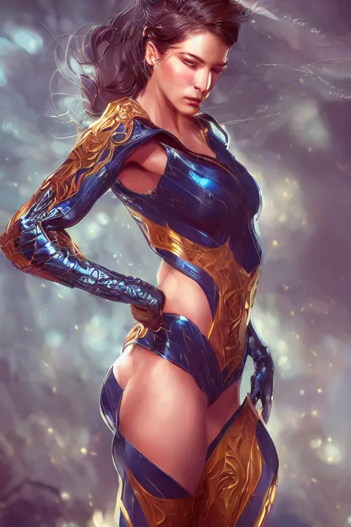 Image similar to three quarters portrait pose of a beautiful woman, strong body,super heroine costume,super powers, fantasy, intricate, elegant, highly detailed, digital painting, artstation, concept art,shining, sharp focus, illustration, art by Stanley Lau