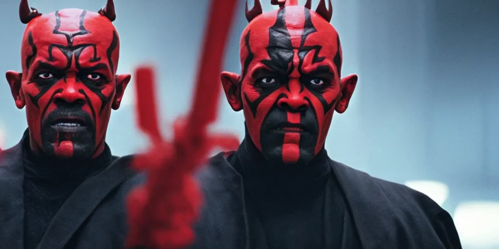 Image similar to a film still of samuel l. jackson starring in a blockbuster film as darth maul from star wars, shallow depth of field, cinematic, award winning cgi, vfx, film still