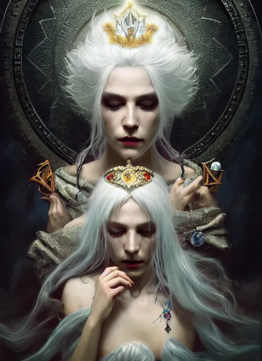 Prompt: a beautiful white haired queen, adorned with precious stone jewelry, intricate concept art, ominous, sinister dark fantasy, occult, spells, magic, enchanted, misty, dramatic lighting, dark background, octane render, 8 k, ruan jia and tom bagshaw and alphonse mucha