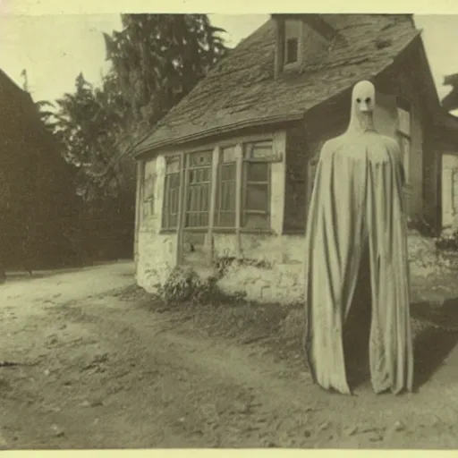 Prompt: scary unproportionally tall ghost creature in the middle of a village, 1900s picture