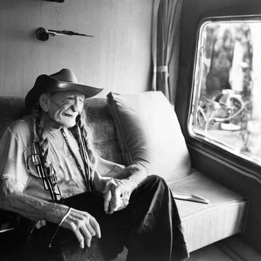 Image similar to willie nelson having a smoke in his trailer.