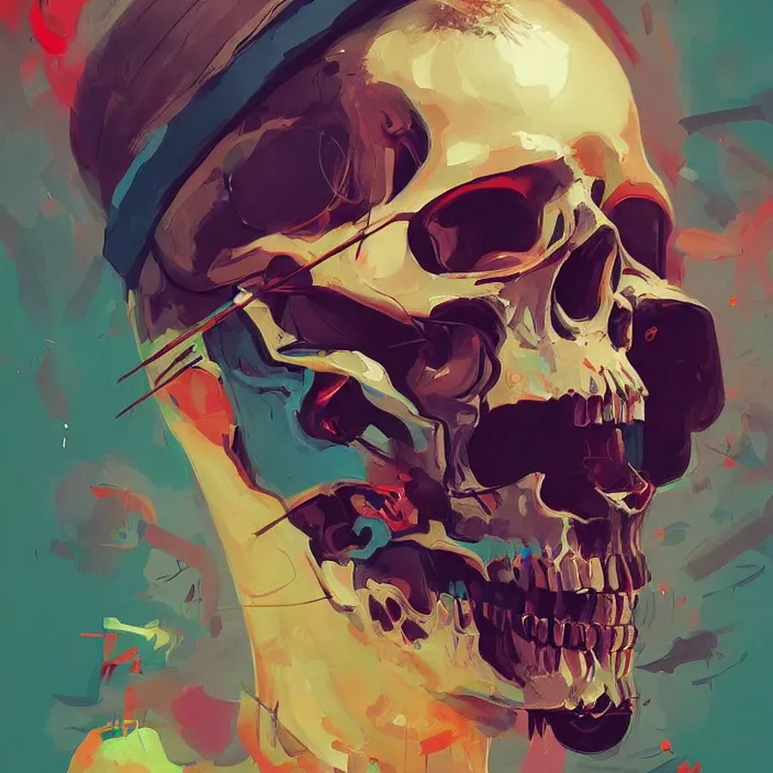 Image similar to a colorful comic noir illustration painting of a cyberpunk skull by sachin teng and sergey kolesov and ruan jia and pascal blanche. in style of digital art, symmetry, sci fi, hyper detailed. octane render. trending on artstation