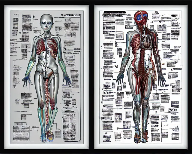 Image similar to female cyberpunk android, highly detailed labeled medical anatomy poster anatomical drawing, high resolution