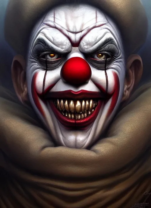 Image similar to closeup portrait shot of a evil clown in a scenic dystopian environment, intricate, elegant, highly detailed, centered, digital painting, artstation, concept art, smooth, sharp focus, illustration, artgerm, tomasz alen kopera, peter mohrbacher, donato giancola, joseph christian leyendecker, wlop, boris vallejo