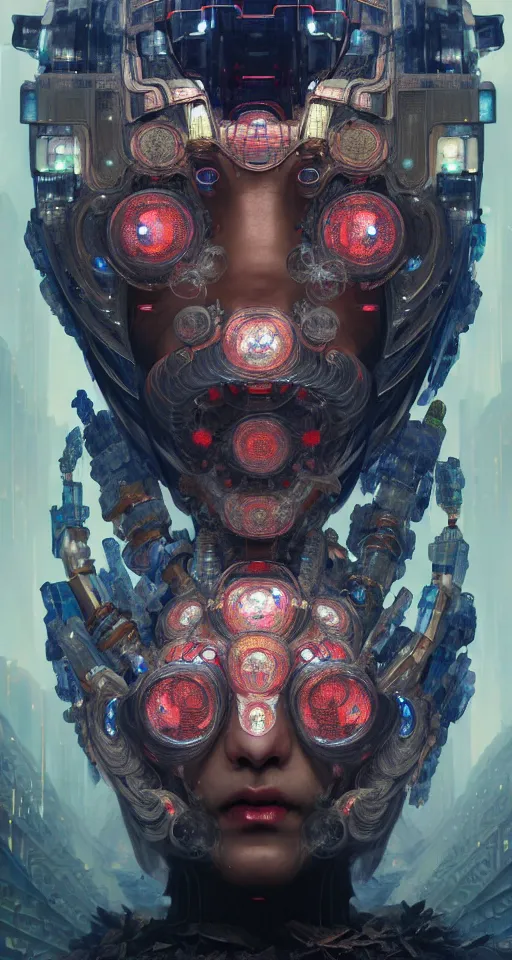 Image similar to asura from chinese myth, ghost, gorgeous and huge head ornaments, dystopian, cyberpunk, organic fractal mycelum and fungi, mecha, halfturn portrait of a big crystal face made of crystals half - turn, ominous, intricate, studio, art by anthony macbain + greg rutkowski + alphonse mucha, concept art, 4 k, sharp focus