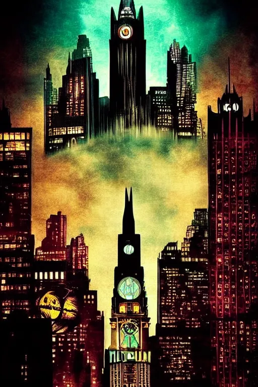 Prompt: gotham city with batman logo in sky, aesthetic, fantasy, bioshock pop art, by mike swiderek, jorge lacera, ben lo, tyler west,, ultrarealistic, sharp focus, intricate, ultra high definition details, shadow effect