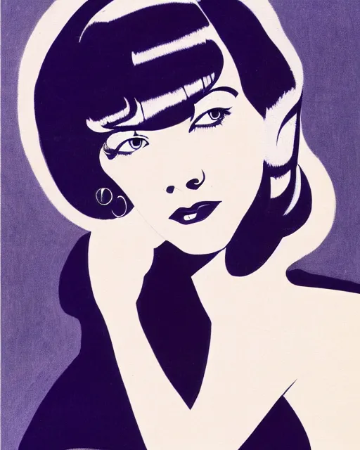 Prompt: colleen moore 2 2 years old, bob haircut, portrait painted by patrick nagel and stanley artgerm, casting long shadows