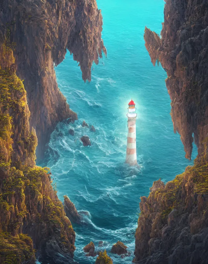 Image similar to fantasy painting of a lighthouse on the edge of a cliff overseeing a vast ocean, complex, detailed, intricate abstract. delicate artwork. by Tooth Wu, wlop, beeple, dan mumford. octane render, trending on artstation, greg rutkowski very coherent symmetrical artwork. cinematic, hyper realism, high detail, octane render, 8k, depth of field, bokeh. chrome accents.