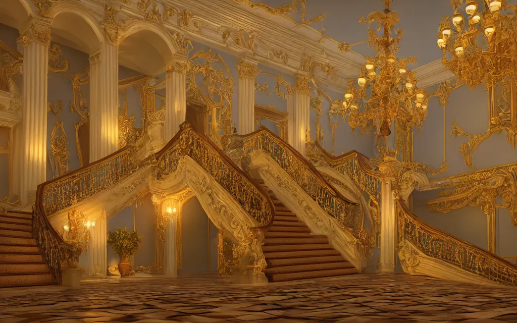 Prompt: a large royal staircase inside of an estate with high ceilings, beautiful lighting, fantasy colors, vivid colors!, highly detailed, octane render, 4 k, focused, extreme details, unreal engine 5, cinematic, trending on artstation, deviantart featured