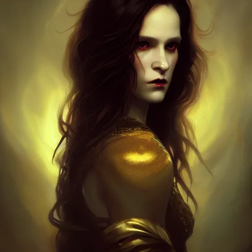 Image similar to majestic gracious regal aristocratic brunette female vampire portrait, atmospheric lighting, painted, menacing, intricate, volumetric lighting, beautiful, rich deep colours masterpiece, golden hour, sharp focus, ultra detailed, by leesha hannigan, ross tran, thierry doizon, kai carpenter, ignacio fernandez rios