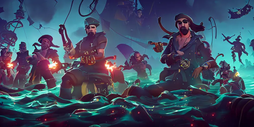 Image similar to sea of thieves in the style of cyberpunk,