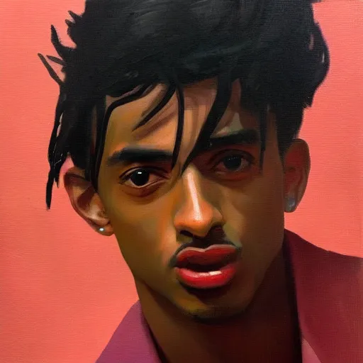 Image similar to oil painting portrait of a Playboi Carti in the style of syd mead and john william waterhouse